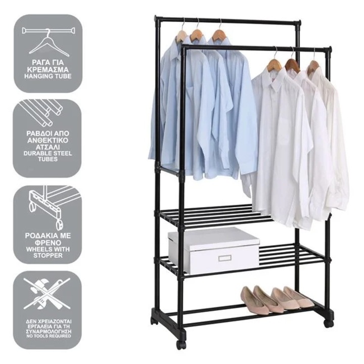 Закачалка за дрехи с колелца и рафтове, метал, 78.5x39x165см