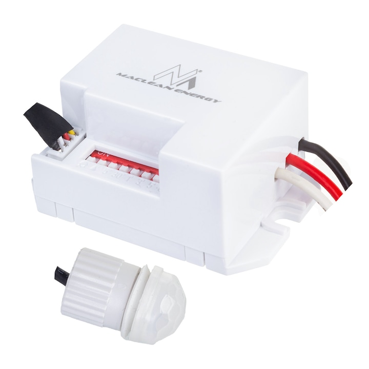 Detector de miscare PIR Maclean MCE32 V, cu sonda externa, 12-24V DC, 360° tavan / 120° perete, IP20, reglaj LUX si timp, max 120W LED/incandescent, control automat iluminat