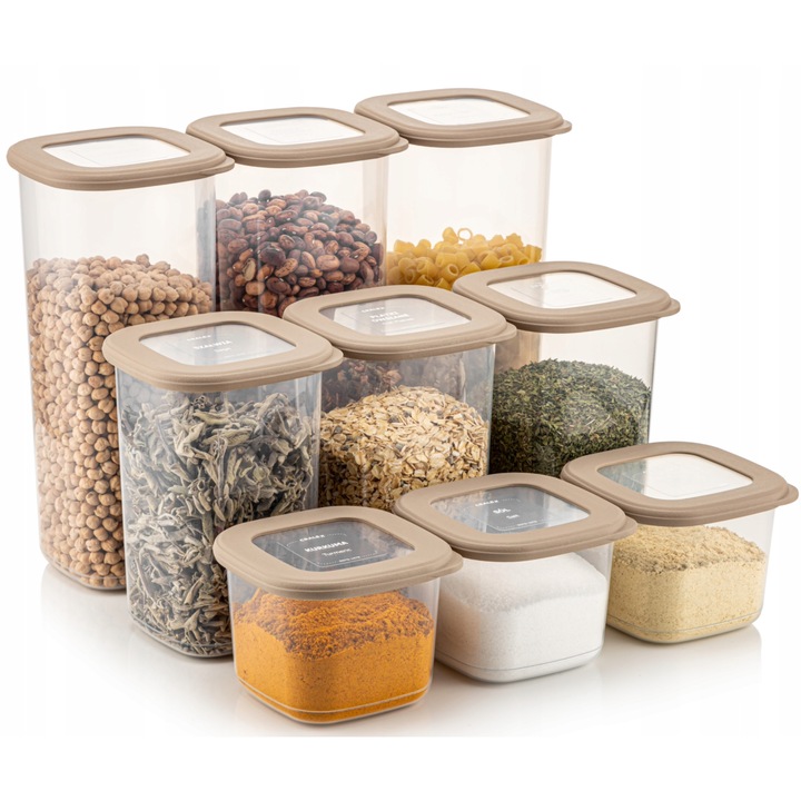 Set 9 Recipiente alimentare patrat, (3x550ml 3x1200ml 3x1750mm) CRALEX®, Bej, Depozitare etansa, Economisire spatiu si organizare perfecta