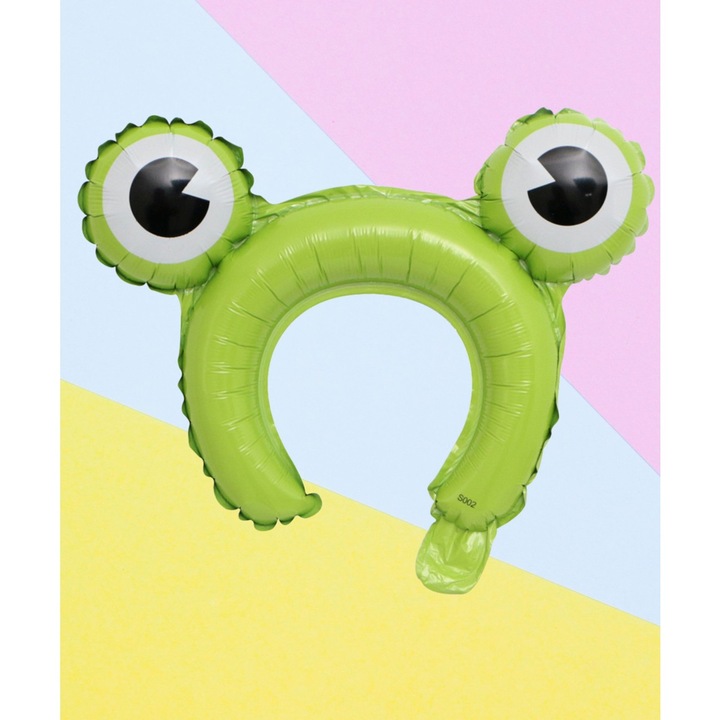 Balon din Folie Metalizata, Southern Sky, Tip Coronita cu Urechi, Model Broasca, Ambalaj Individual, Pai Inclus, Umflare cu Aer sau Heliu, 28 x 31 cm, Verde