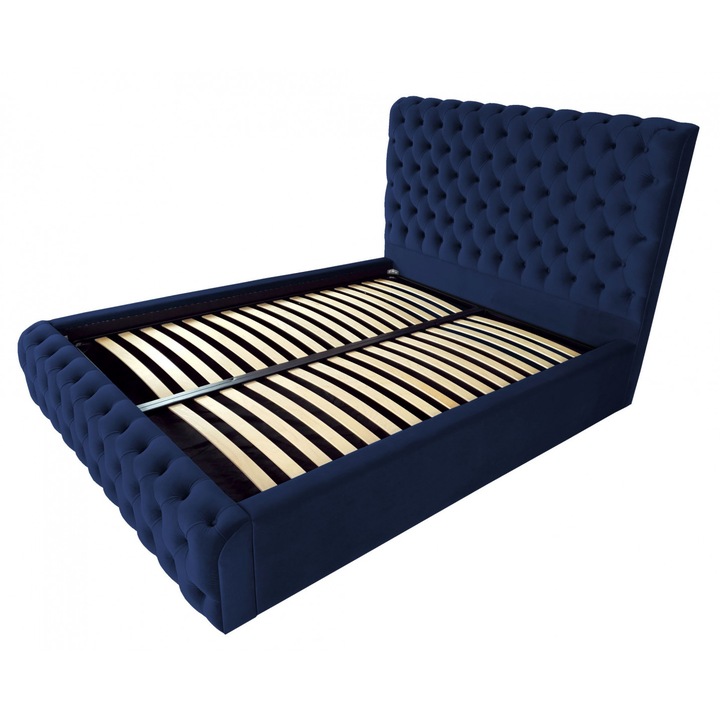Pat tapitat Ruby,120x200cm, somiera metalica rabatabila, spatiu depozitare, bleumarin