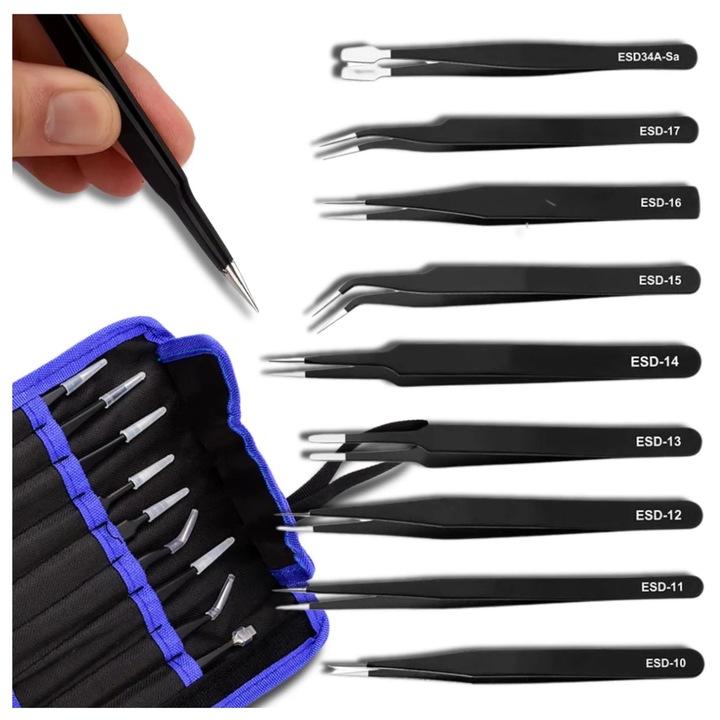 Set de 9 pensete precise, Edibazzar, otel inoxidabil, antistatic, 10,1x12,7cm