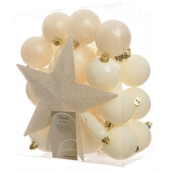 Set 32 globuri Craciun Decoris, cu varf de brad, plastic, 8 cm, ecru Set 32 globuri Craciun Decoris, cu varf de brad, plastic, 8 cm, ecru