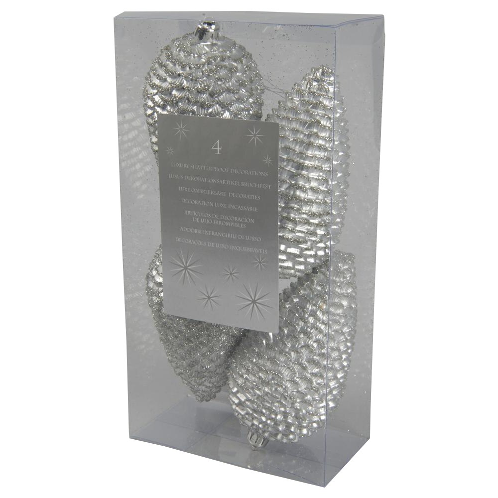 Set 4 globuri Kaemingk, model Con de brad, 7x12cm, Argintiu