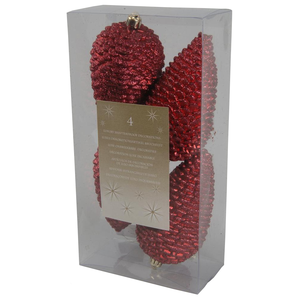 Set 4 globuri Kaemingk, model Con de brad, 7x12cm, Rosu