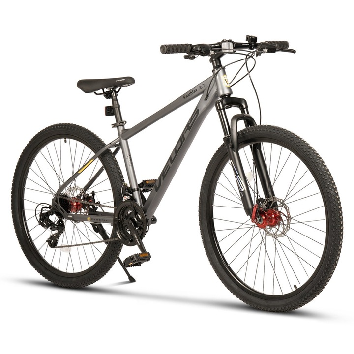 Планински велосипед Velors Rambler JSX27311, рамка с интегрирани кабели, оборудване Shimano, предно окачване, колело 27,5 инча, предна/задна дискова спирачка, 21 скорости, сив с черен цвят