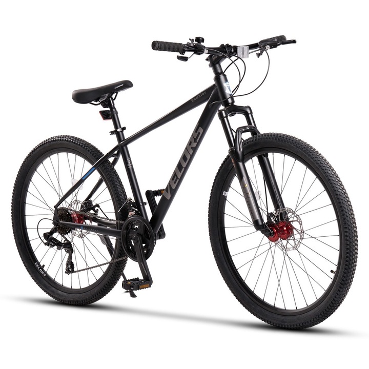Планински велосипед Velours Rambler JSX27311, рамка с интегрирани кабели, оборудване Shimano, предно окачване, колело 27,5 инча, предна/задна дискова спирачка, 21 скорости, черен със сив цвят