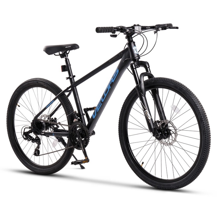 Планински велосипед Velours Rambler JSX26311, рамка с интегрирани кабели, оборудване Shimano, предно окачване, колело 26 инча, предна/задна дискова спирачка, 21 скорости, черен със син цвят