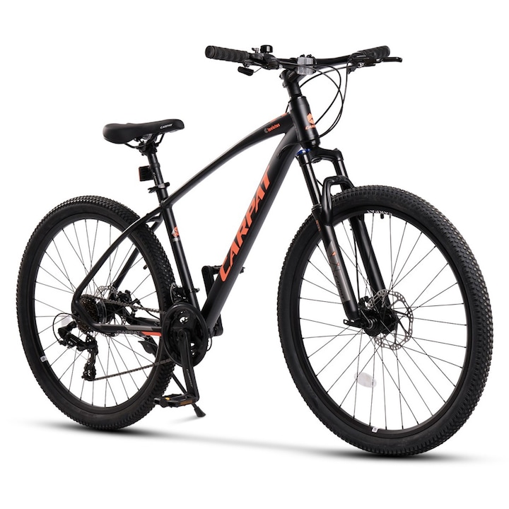 Планински велосипед Carpat Invictus JSX2757 MTB, алуминиева рамка с интегрирани кабели, оборудване Shimano, регулируемо окачване на вилката с локаут, колело 27,5 инча, предна/задна дискова спирачка, 21 скорости, черно с оранжево