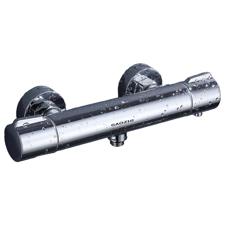 Baterie cada si dus cu termostat, mixer cu montare pe perete, buton de siguranta la 40°C, temperatura constanta, miez din alama, cu aspect cromat