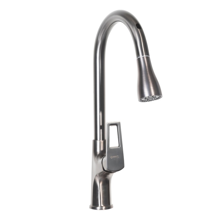 Baterie bucatarie cu senzor, para de dus extractibila, gri, TRENDY’S, KD8821-22GR