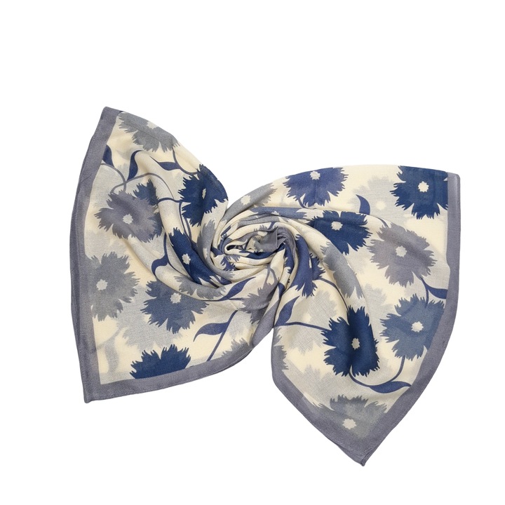 Дамски шал, щампа на цветя, сиво/кремаво, 90 х 90 см