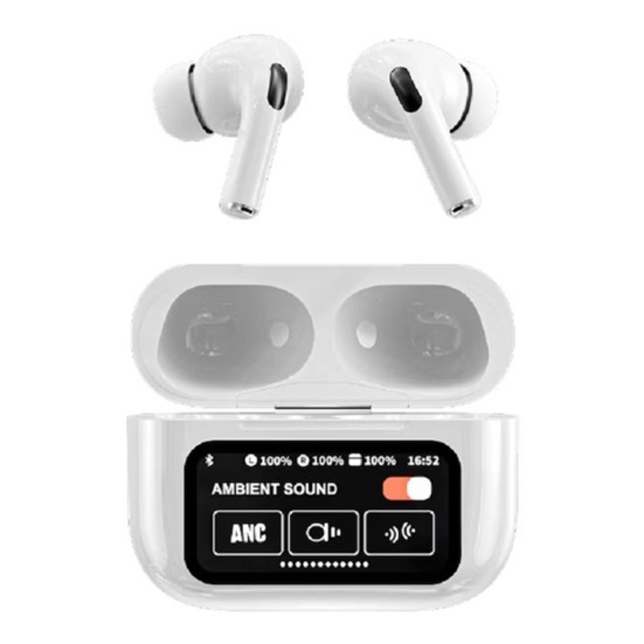 Casti wireless cu noise cancelling, ANC / ENC, Fara fir, In-ear, Control touch, Pentru Android/iPhone, Autonomie 30 ore, Mod ascultare Hi-Fi si subwoofer, Bluetooth 5.3, 4 moduri de sunet, Potrivite pentru sport, Rezistente la apa, Alb