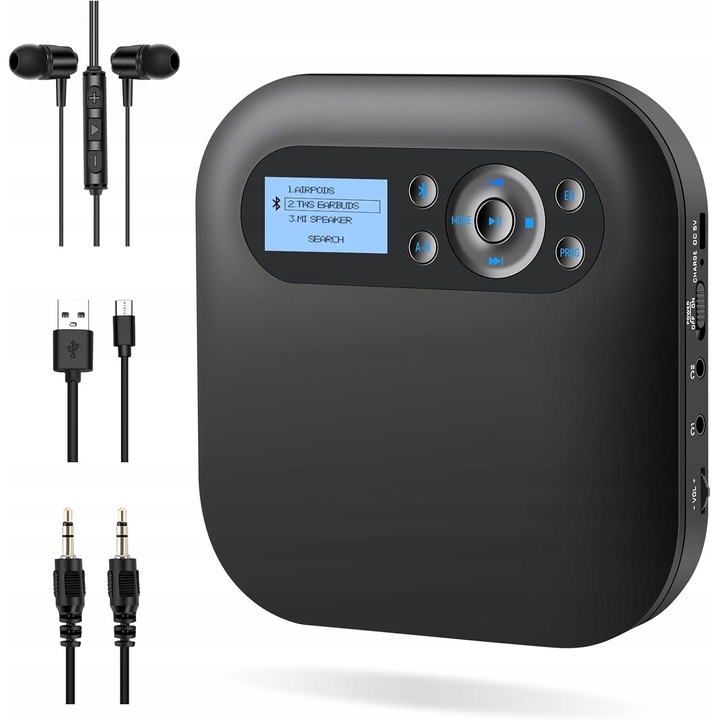 Hordozható CD-lejátszó Bluetooth-szal, Luka, 2000mAh, 2 sztereó hangszóró, fekete