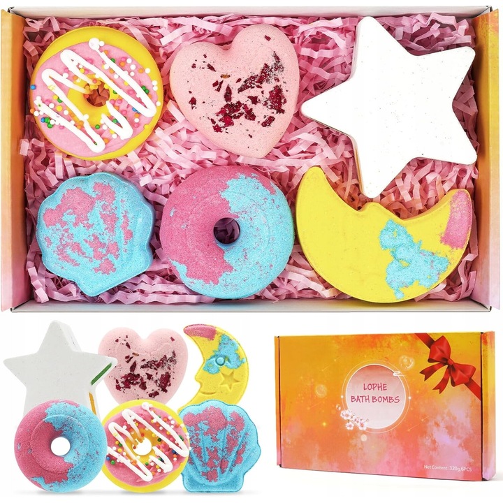 Set 6 bombe de baie organice, Luka, forme diverse, efect spumant, 60g fiecare, roz