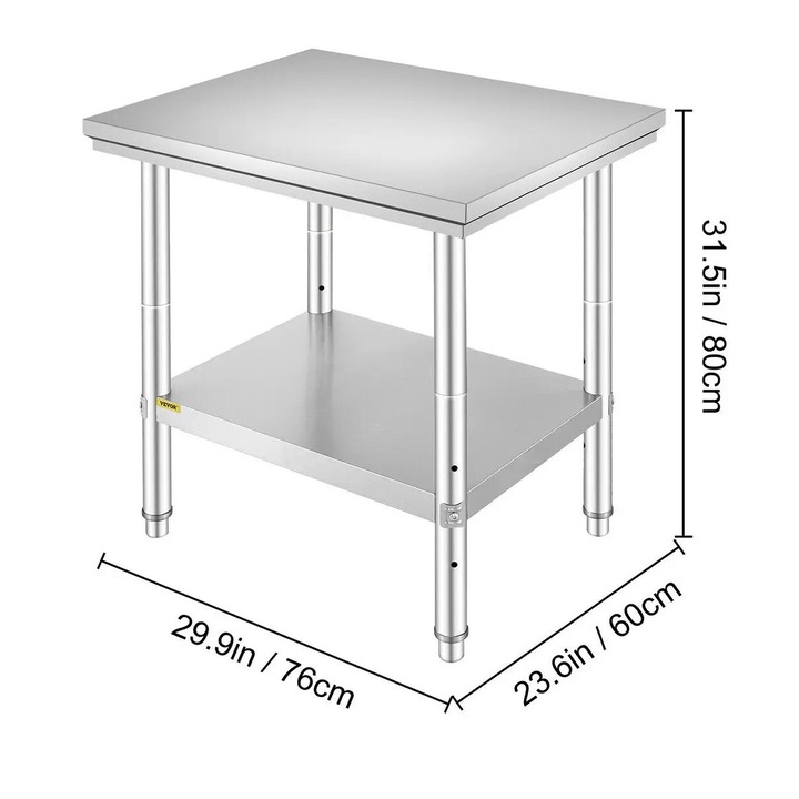 Работна маса от неръждаема стомана, Vevor, 60x76x80 см, капацитет 100 кг, регулируем рафт