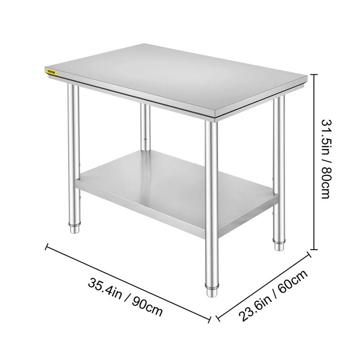 Работна маса от неръждаема стомана, Vevor с регулируем рафт, капацитет 286 кг, 90x60x80 см, сребриста