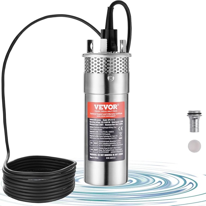 Соларна потопяема помпа, Vevor, 120W, 3.2GPM, неръждаема стомана, максимална дълбочина 70m, пълен комплект