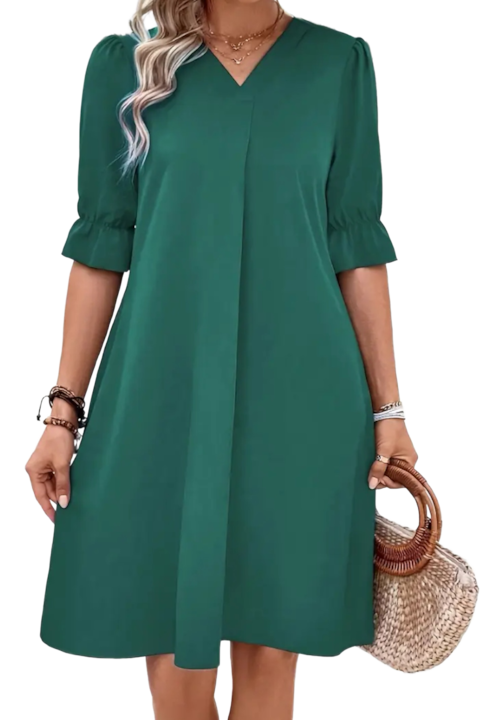 Рокля с 3/4 ръкав и надут подгъв, Зелен