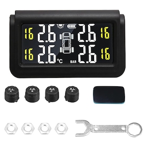Sistem extern de monitorizare presiune anvelope masina, Rqiurpn, auto OFF cu incarcare solara si micro USB, alarma auditiva, 4 Sensori Externi, Afisaj LCD, pentru Masini, SUV, MPV, Negru