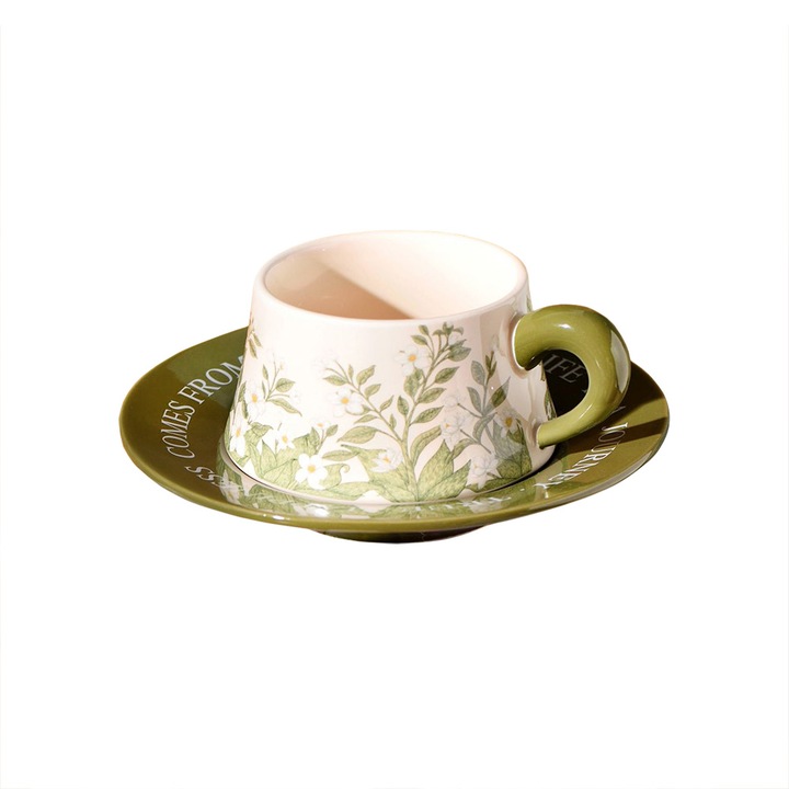 Set cesti si farfurii din ceramica vintage, iasomie verde, 260ml, 6,5x8cm