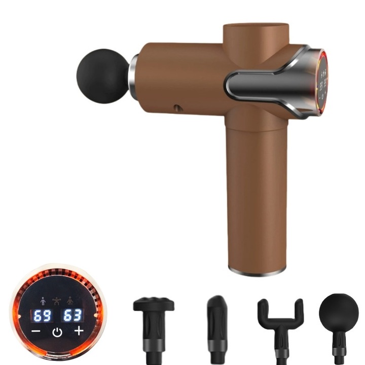 Aparat de masaj profesional pentru muschi, design in culori contrastante, material ABS/aluiniu, cu 4 capete, 99 de viteze, ecran LCD, utilizat pentru gat, spate, brate si picioare, motor silentios, incarcare Type C, maron
