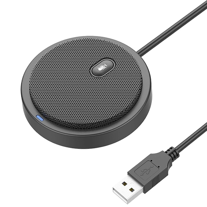 USB конферентен микрофон, Rqiurpn, с високоговорител, компютър/телефон, многопосочен, стрийминг, на живо, видеоконференции, 360° улавяне на звук, преносим, черен