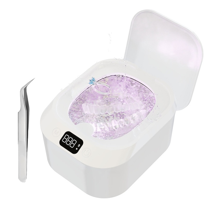 Устройство за почистване на протези с ултразвук и ултравиолетова светлина, Rqiurpn, 3 времеви режима, 220 мл, 48kHz, за протези, скоби, бижута, Бял