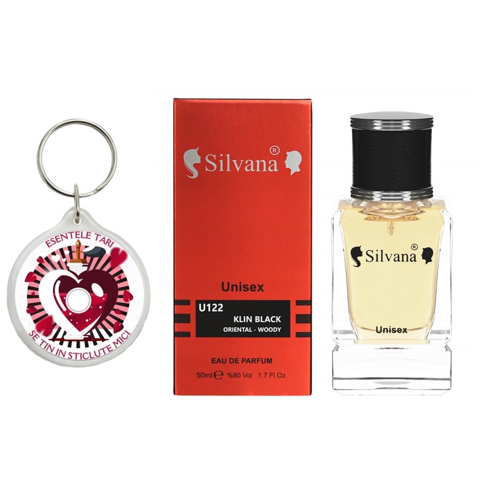 Set Apa de parfum, Silvana Kilin Black Oriental woody unisex parfum U122, 50 ml si breloc Esentele tari se tin in sticlute mici