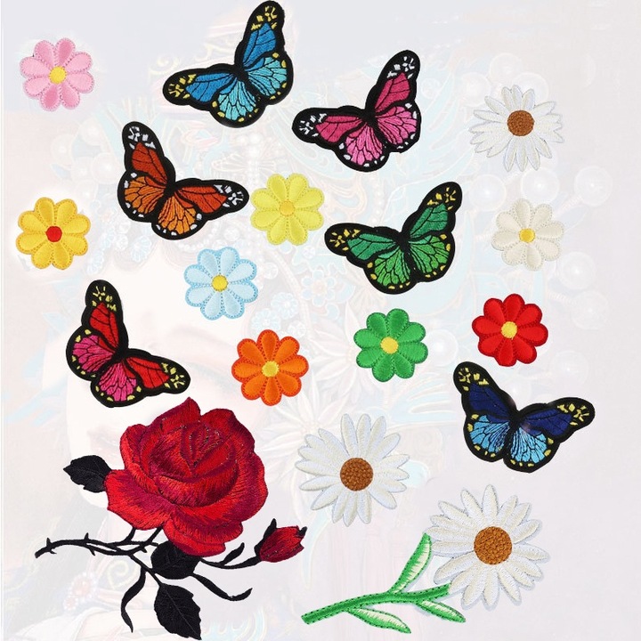 Комплект 18 Комплект 21 Апликация с ютия, AllizBan, бродирано цвете, за тениска, дънки, чанти, пола, 35 мм, многоцветна