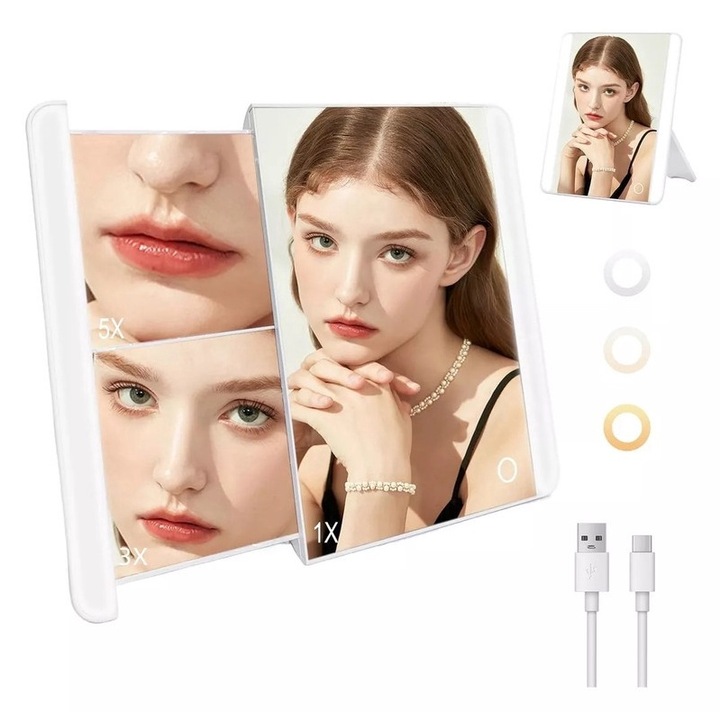 Oglinda cosmetica portabila cu iluminare LED, marire 1X/3X/5X, alb, dimensiuni compacte