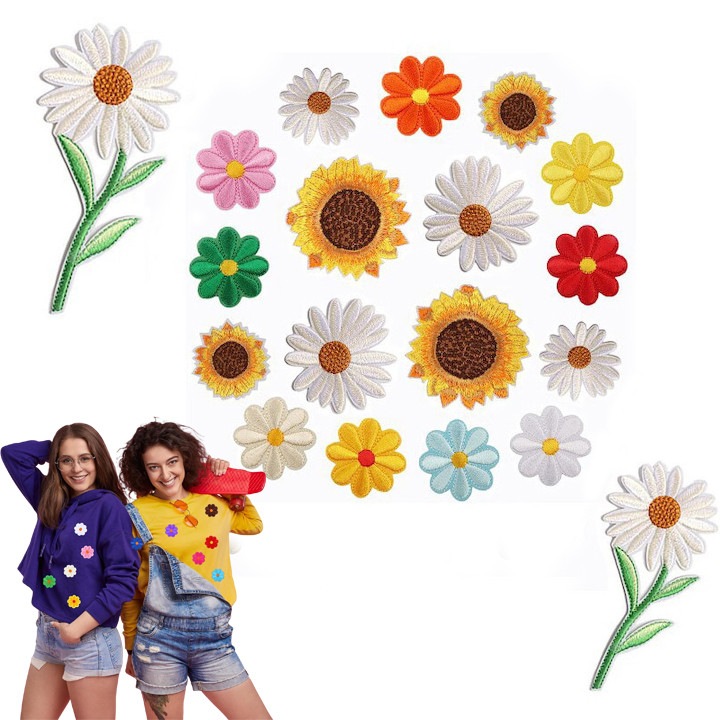 Set of 21 aplicatie termoadeziva, Petice brodate, AllizBan, Tematica florala, Umetoop, petic adeziv haine, pentru Tricou Jeans Genti Fusta, 35mm, Multicolor
