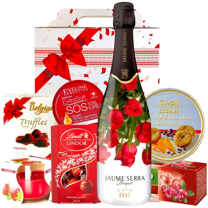Set Cadou pentru Femei - Roses Bouquet, Vin Spumant, Bomboane Lindor, Fursecuri Tivoli, Trufe Belgiene, Ceai Fructe Rosii, Crema Hidratanta, Lumanare Parfumata - Cadou Elegant pentru Aniversare, 8 Martie, Craciun- CADOURI RAFINATE®