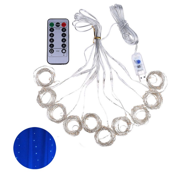 Banda LED, 300 LED-uri, 8 moduri, impermeabila, 3x3m, albastra