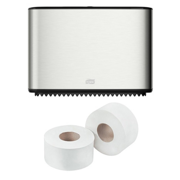 Pachet dispenser hartie igienica inox Tork + Gratuit 1 bax hartie igienica Mini Jumbo
