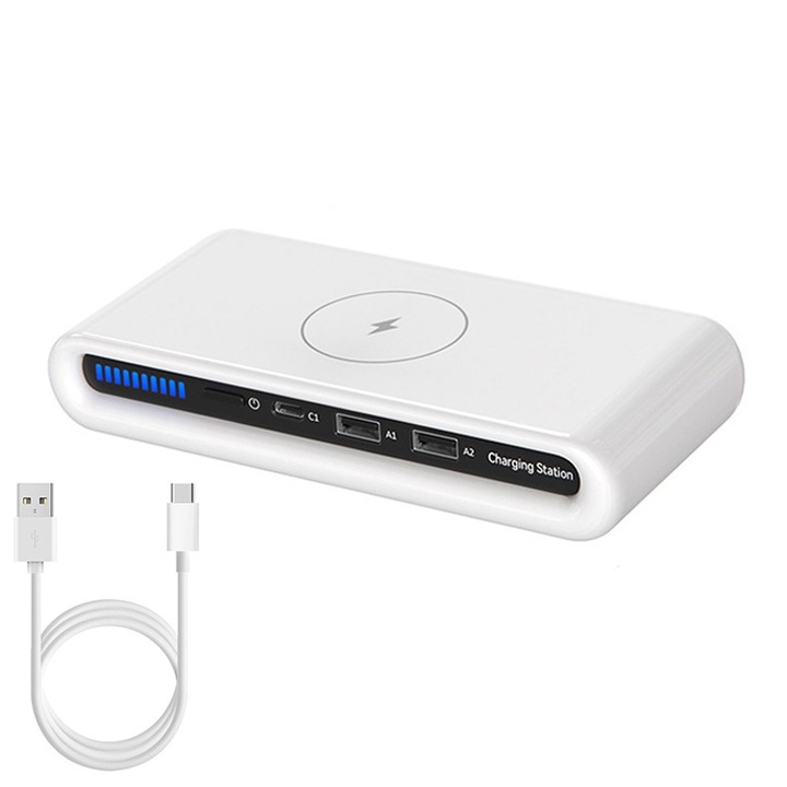 Statie de incarcare wireless cu 3 porturi USB, Rqiurpn, incarcare rapida, 2 x USB A, 1 x USB C, 15W, 5V 3A, lumina ambientala, ABS/PC, Alb