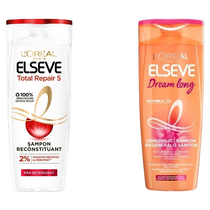 Set 2 x Loreal Elseve Variety, 1 x Sampon 250ml Total Repair, 1 x Sampon 400ml Dream Long Reparator Keratina+Vitamine+Ulei de Ricin, testat dermatologic, prospetime de lunga durata, delicat pentru scalp, non-toxic, eco-friendly, aspect stralucitor