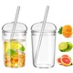 Pahar din sticla cu capac si pai, 450ml, transparent, set reutilizabil