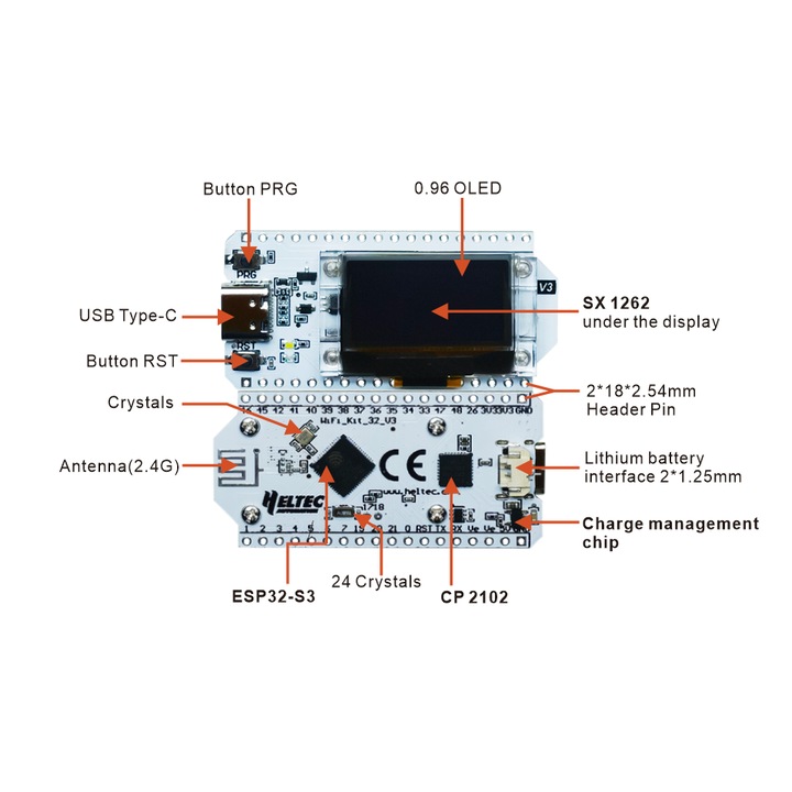 Комплект WiFi 32 V3, Heltec, ESP32-S3FN8, OLED 0.96", Bluetooth 5, Type-C USB, 50.2x25.5x10.2mm