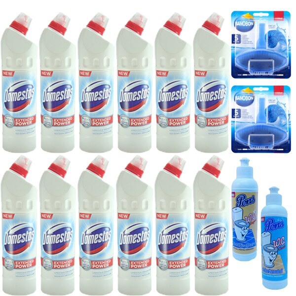 Pachet - 12 x Domestos White & Shine dezinfectant pentru WC, 750ml + 2 x SanoBon Fresh odorizant toaleta, 55g + Pons Clasic odorizant toaleta, 200ml + Pons Elegant odorizant toaleta, 200ml