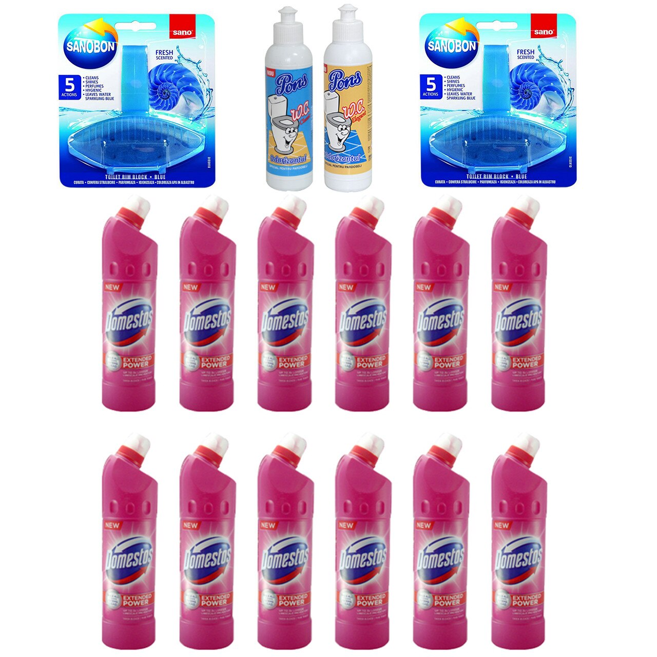 Pachet - 12 x Domestos dezinfectant pentru WC, pink fresh, 750ml + 2 x SanoBon Fresh odorizant pentru vasul de WC, 55g + Pons Classic, 200ml + Pons Elegant, 200ml