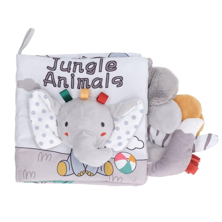 Сетивна книжка за бебета, 15x16x6 см, с животни, 3D, със звуци и шумове, 0-3 години, модел слонче, сива, Stef's Cat