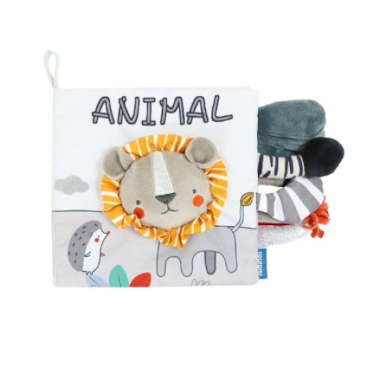 Сензорна книжка, Flippy, за бебета, 15x16x6 см, с животни, 3D, със звуци и шумолене, 0-3 години, модел лъв, сива