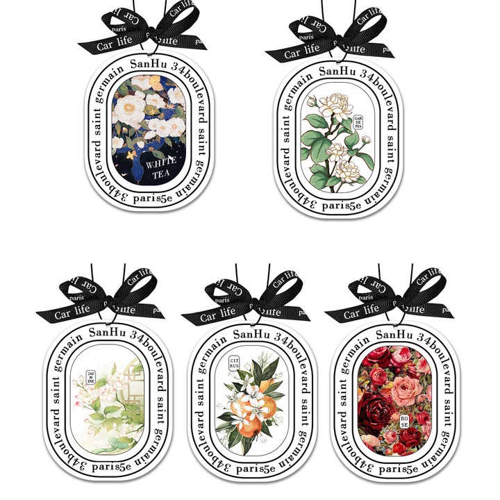 Difuzor auto aromaterapie Odorizant de aer cu uleiuri esentiale pentru masina, casa si birou (set de 5) - odorizant decorativ colorat cu panglica, cu aroma florala