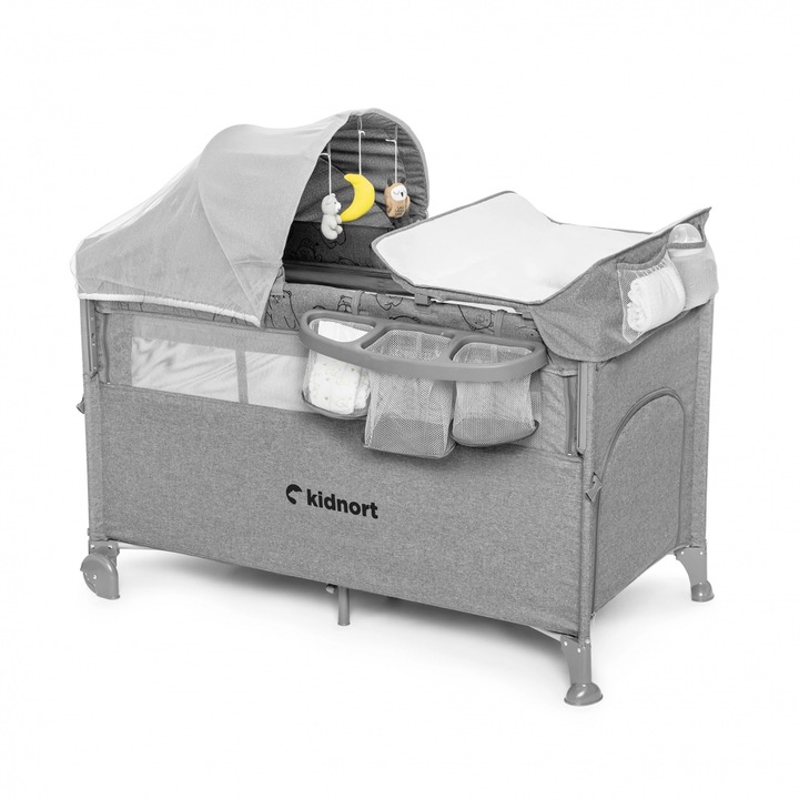 Patut de calatorie pentru copii, Kidnort, pliabil, multifunctional 3 in 1, din material Oxford 300, cu geantuta de depozitare, laterala culisanta, roti cu frana, accesorizat, Stugan Light Grey