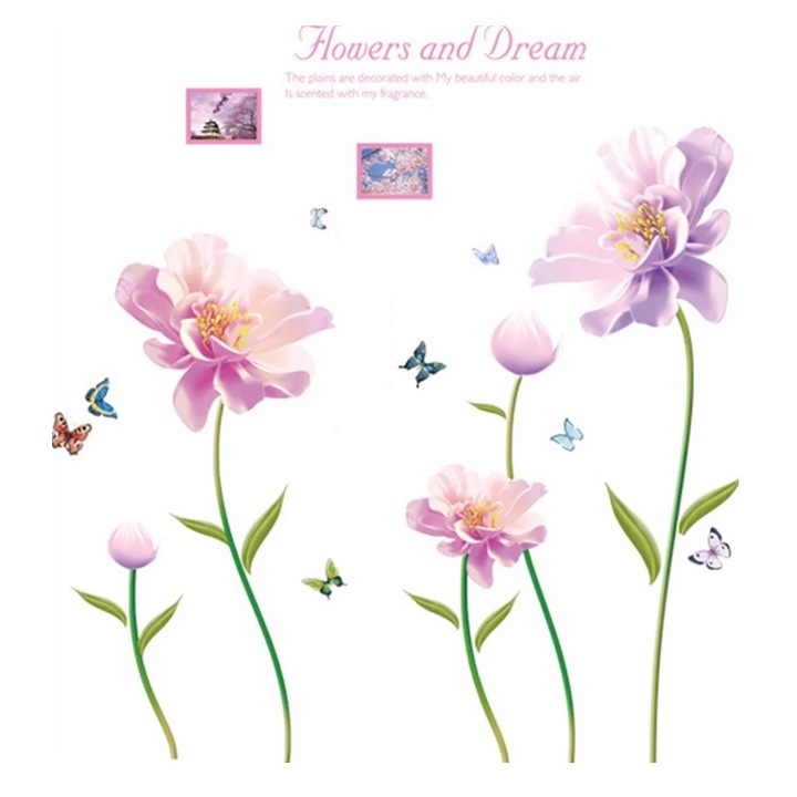 Sticker decorativ perete, floare roz, 60x90cm, multicolor, set 1 buc