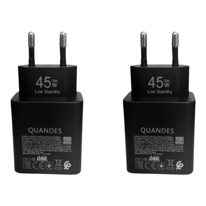 2 x Incarcator retea copatibile cu Samsung Super Fast Charger Adapter 45W Gan, t4511 USB Type-C, Low Standby, Fara cablu, QUANDES®