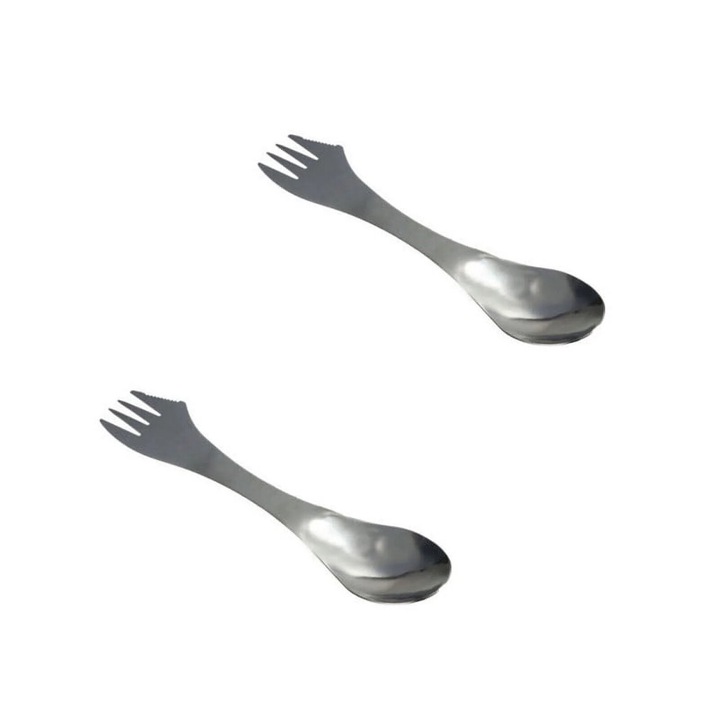 Set 2Pc Tacamuri 3 in 1 din Titan, Lingura-Furculita-Spork, Argintiu, Inox