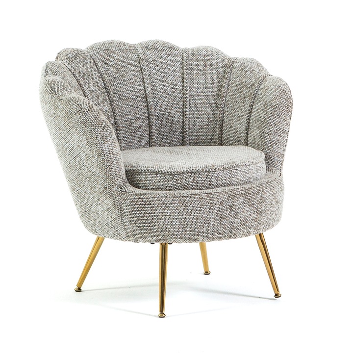 Fotoliu PERLA - Eleganta si rafinament cu design tip scoica, tapiterie stofa melange nisipiu si picioare aurii - 73x77x72 cm
