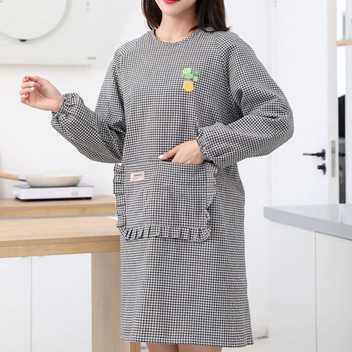 Дамска памучна готварска престилка с дълъг ръкав и джобове, многоцветна, комплект от 4 стила